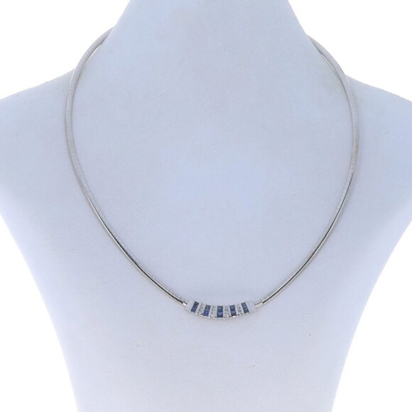 White Gold Sapphire Diamond Curved Station Necklace - 14k Princess 1.58ctw - Picture 3 of 6